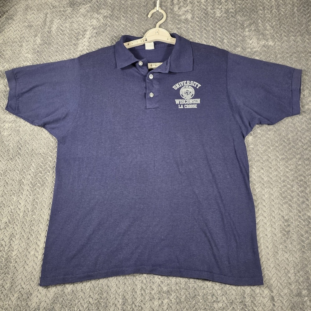 Vintage University Wisconsin La Crosse Polo Shirt Adult Large Blue College 80s